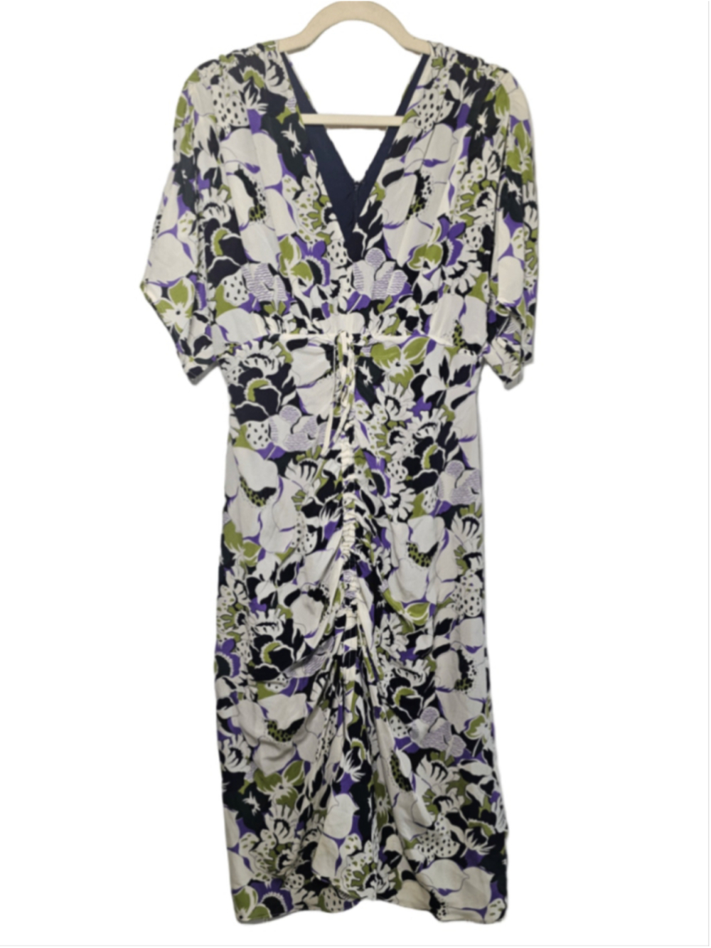 Lewit 100% Silk Ruched Floral Midi Dress Size 6 V-Neck Short Flutter Sleeve